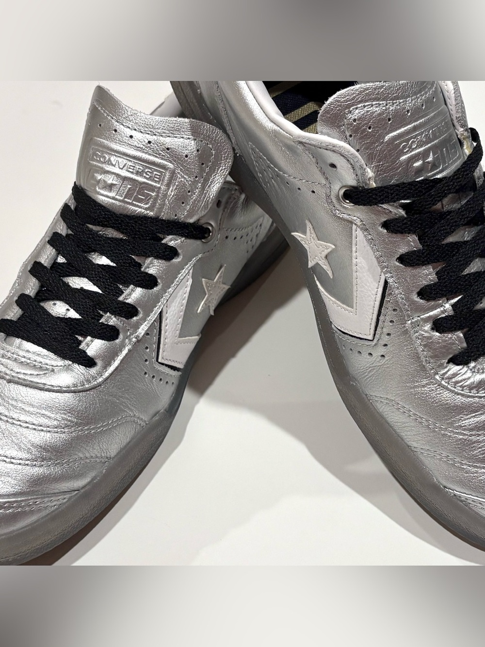 Converse Silver Leather Low-Top Sneaker with White Chevron Star
